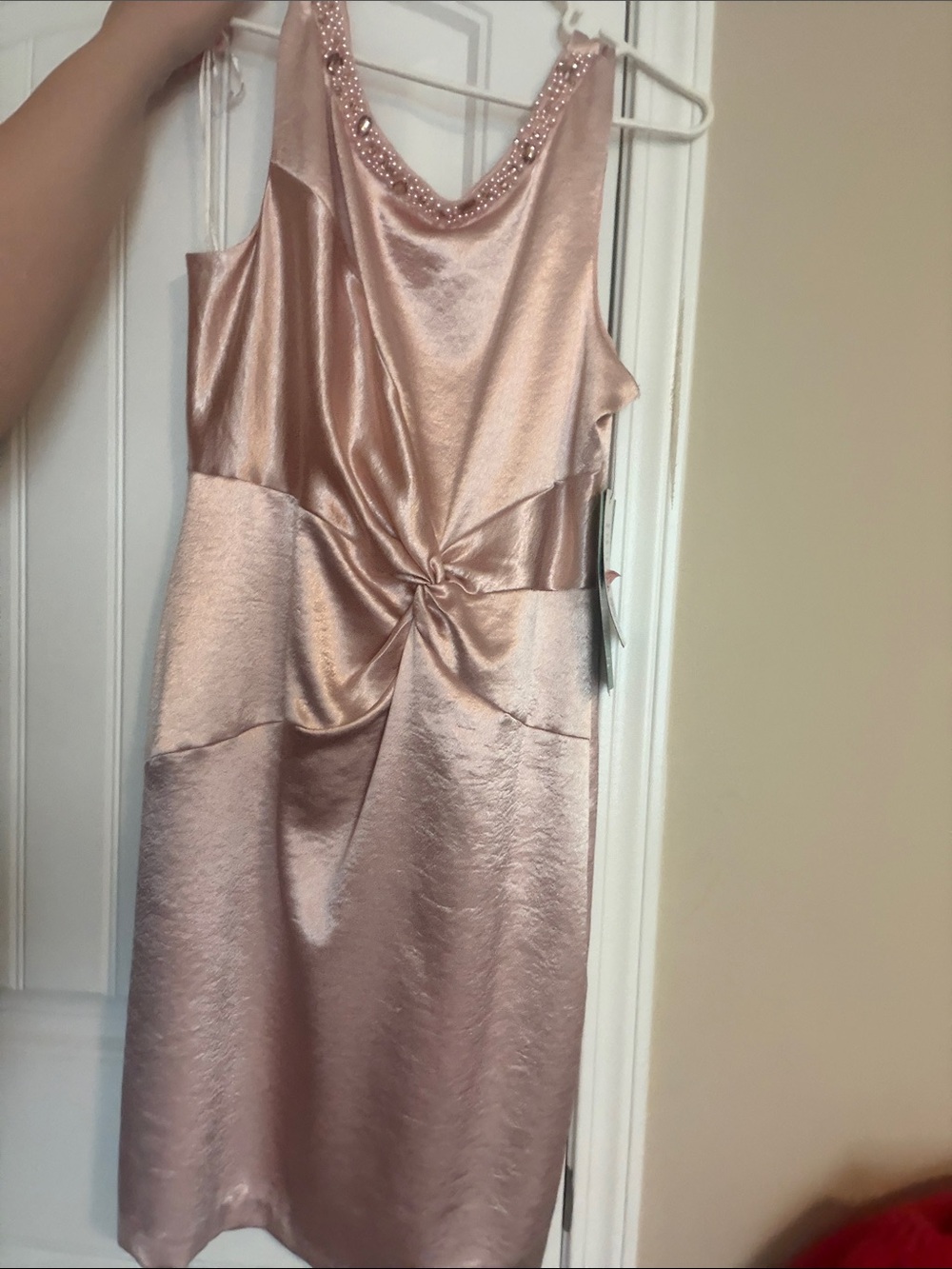Scarlett Rose Gold Satin Midi Dress with Beaded Neckline